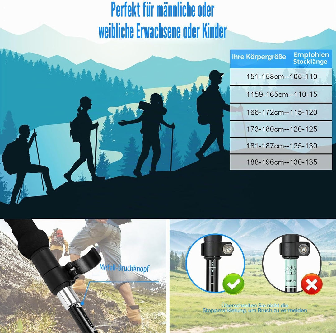 Wanderstöcke, Faltbar, Teleskopstöcke (110-130 cm), Ultraleichte Alu Trekkingstöcke oder Carbon, Wal
