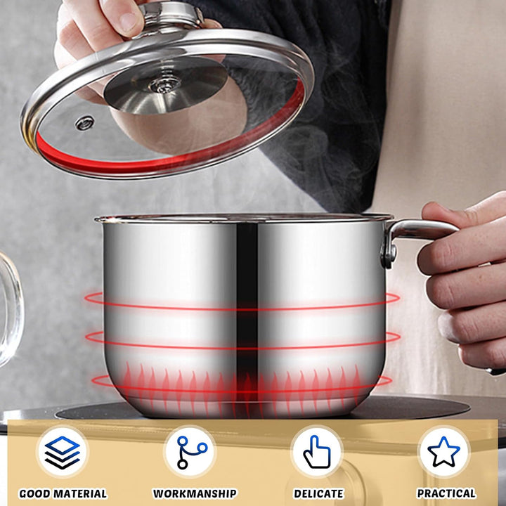 Kochtopf 1,75 L Edelstahl mit Glasdeckel, 16 cm Milchtopf Doppelwandig für Simmertopf, Induktion, Wa