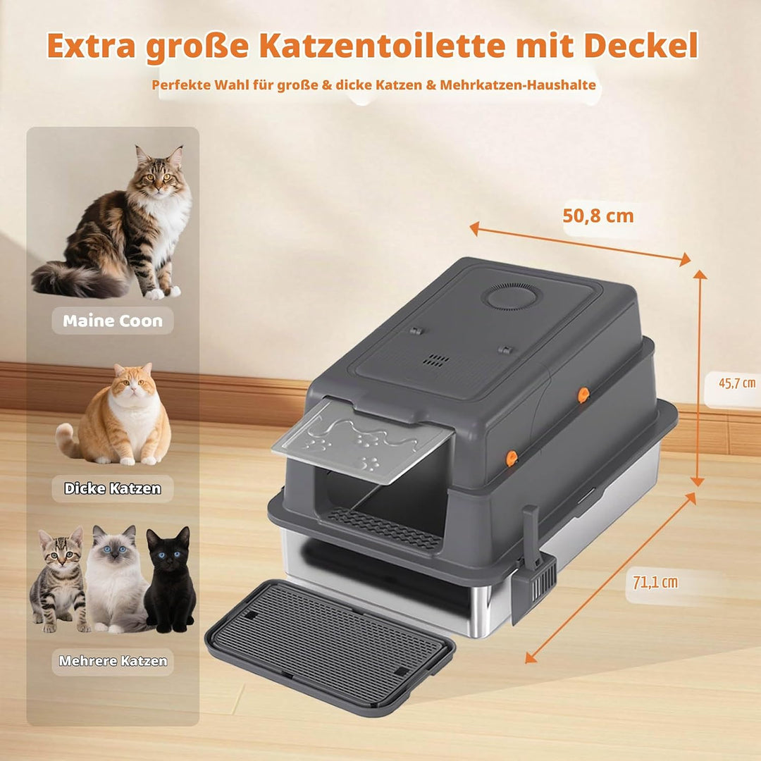 Homegroove XXXL Katzenklo Edelstahl mit Deckel, 70x50x45 Extra Grosses Katzenklo mit Schaufel &amp; Fuss