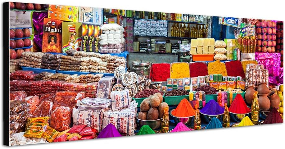 Paul Sinus Art Panoramabild auf Leinwand und Keilrahmen 150x50cm Indien Delhi Marktstand Gewürze bun