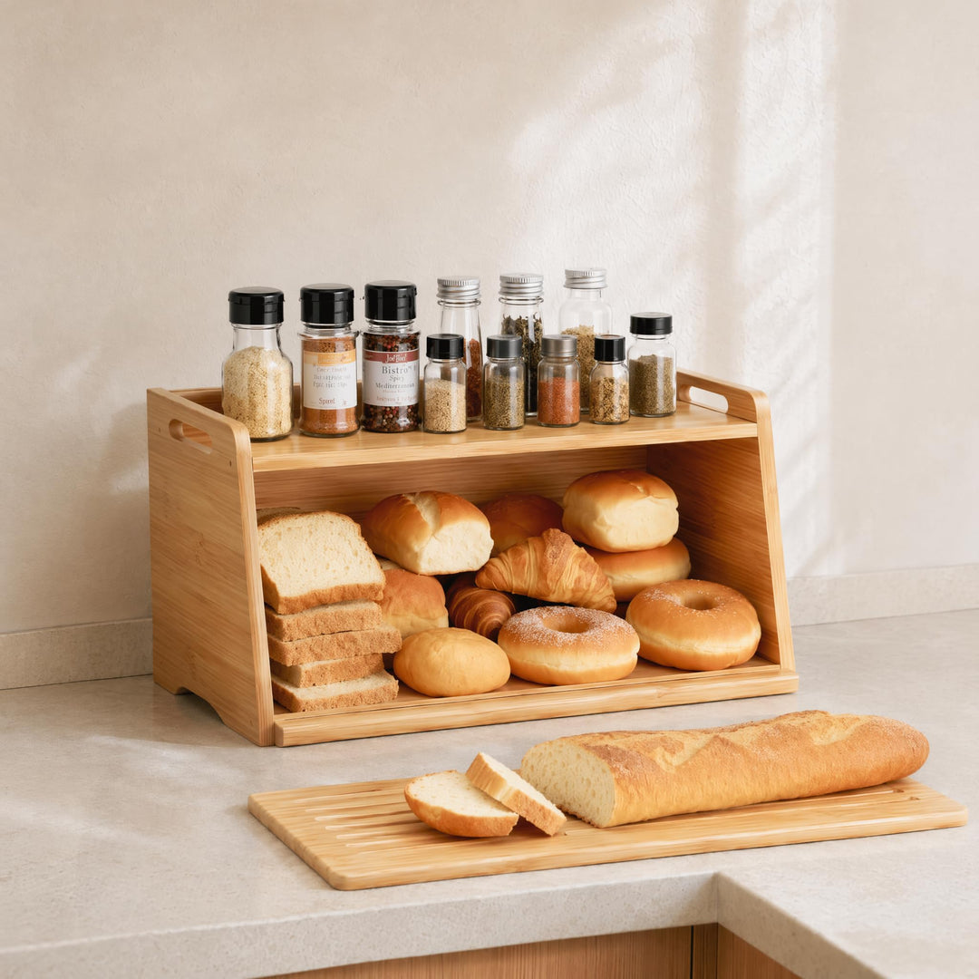LEMIKKLE Bambus-Brotbox mit Schneidebrett – Brotaufbewahrungsbox, um die Frische der Lebensmittel zu