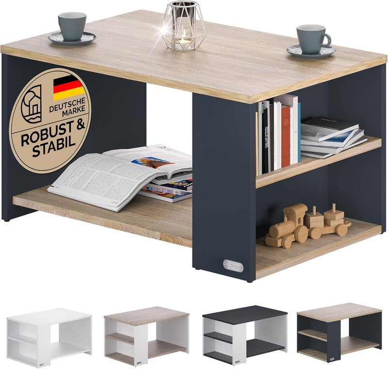 Casaria® Couchtisch Grau Holz mit Stauraum 2 Fächer 90x59x48cm Kratzfest 50kg Belastbar Rechteckig A