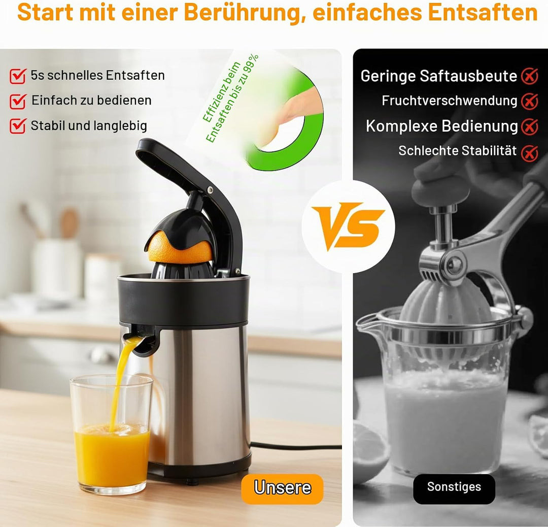 Romon Zitronenpresse, 85W Saftpresse 2 Kegel Zitruspresse Edelstahl BPA-Frei Elektrische Zitruspress