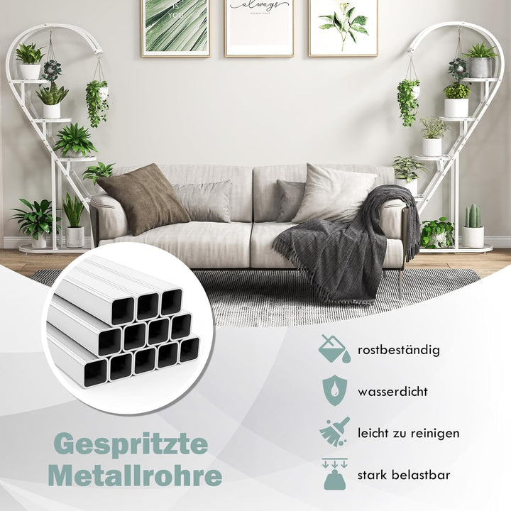 GOPLUS 5-stufiger Metall-Pflanzenständer in Herzform, Pflanzenregal mit 4 Aufhängehaken, Lamellenabl