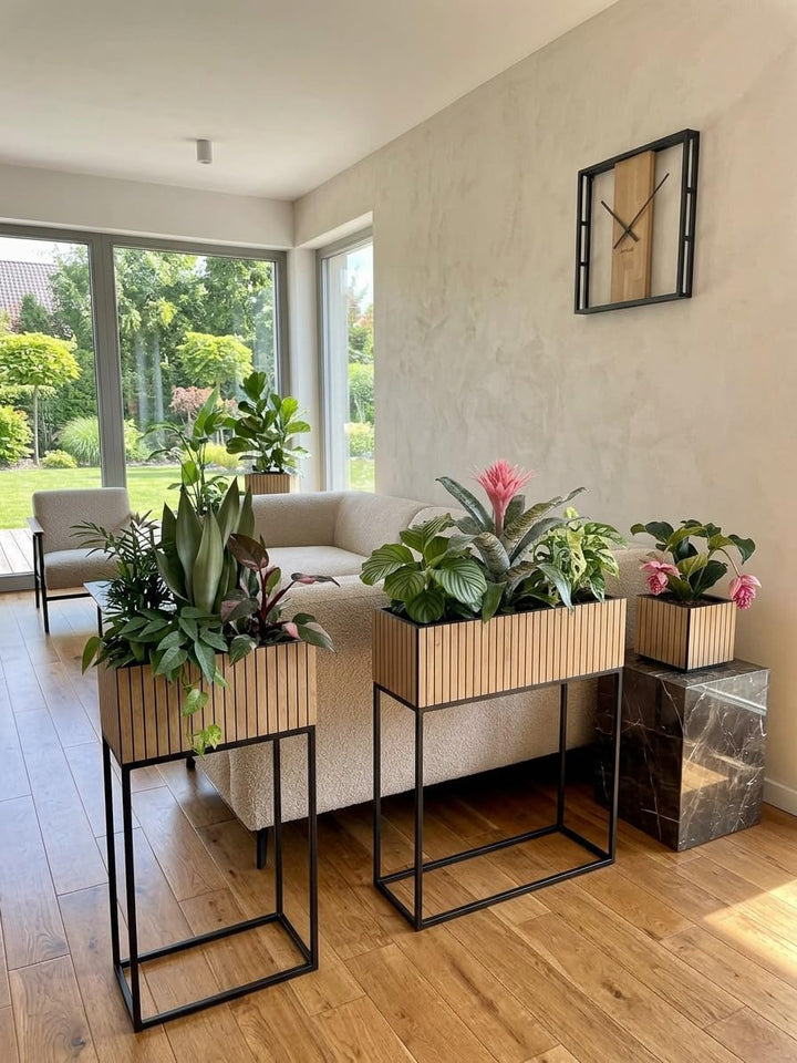 FLEXISTYLE Pflanzenständer LOFT FIORINO Metall Eiche Holz Lamelle Blumenständer Schwarz Blumentopf m