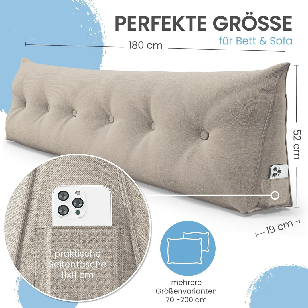 ELONEO Rückenkissen 180 cm breit, Keilkissen für Bett und Sofa geeignet, dreieckiges Lesekissen, Kis