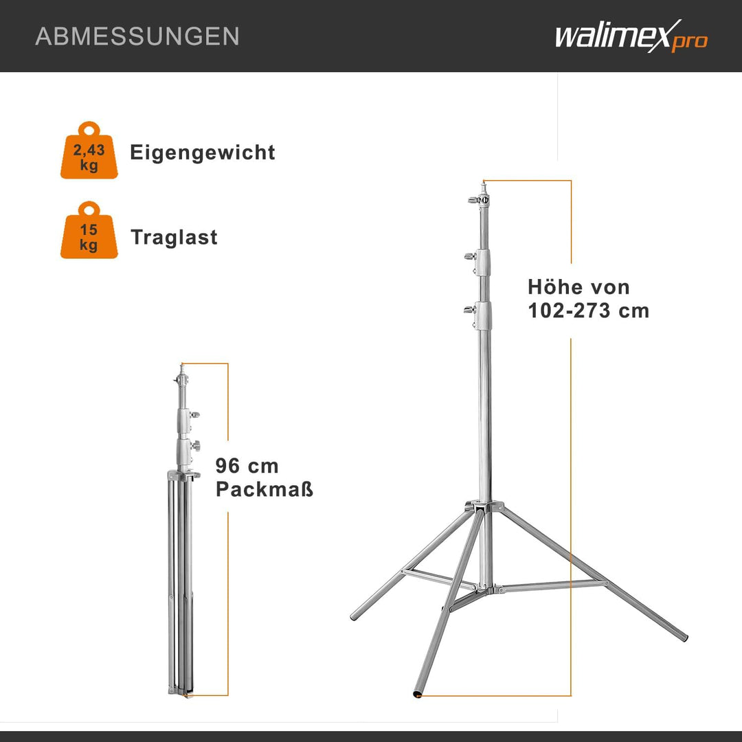 Walimex Pro Heavy Duty Edelstahl Lampenstativ - max. Höhe 270cm, inkl. Tragetasche &amp; Spigotadapter m