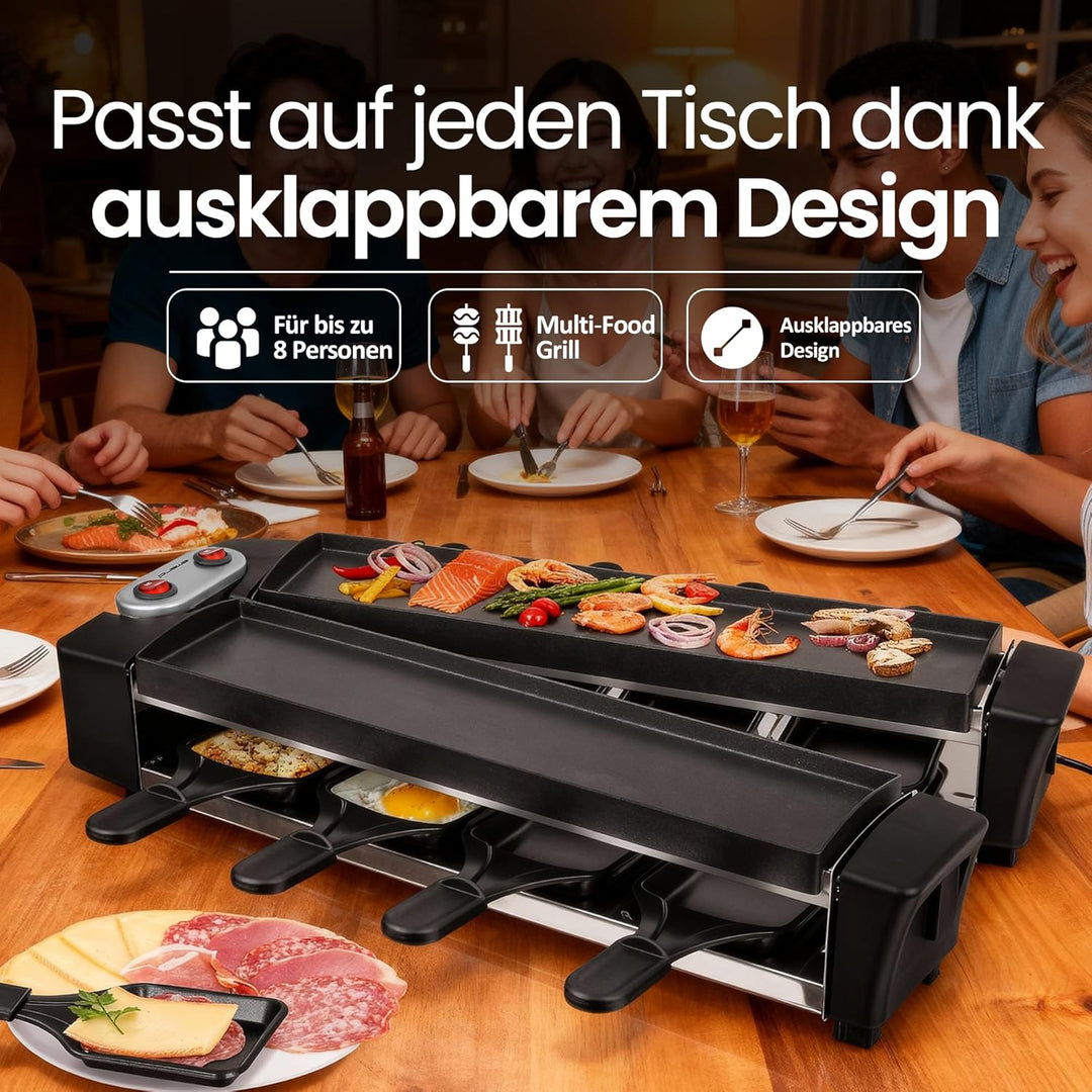 EMERIO Raclette mit wertigen Druckguss-Platten | Gerät klappbar | 2x 40,6x10cm PFAS-freie Antihaftbe