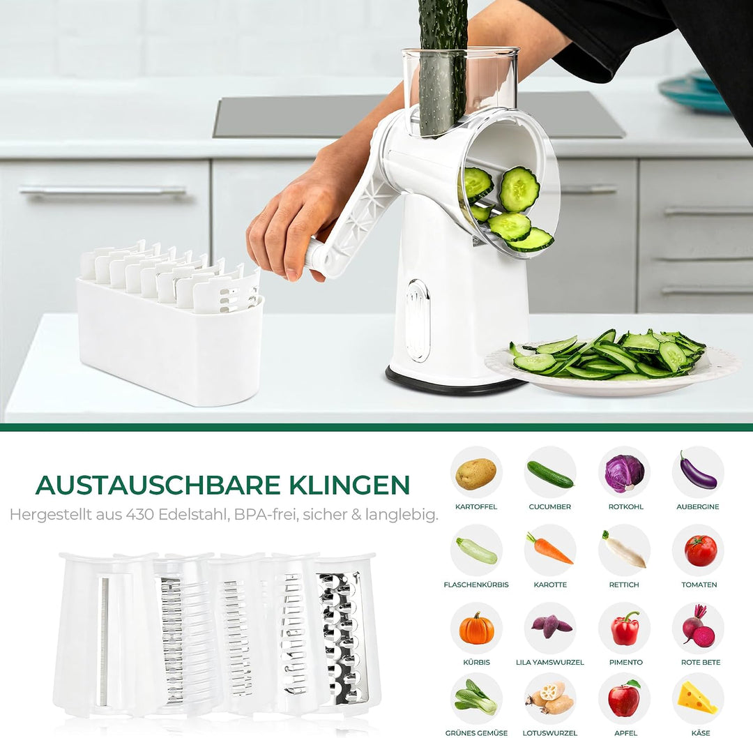 SUSTEAS Käsereibe mit Kurbel - Reibe für Gemüse mit 5 Trommelblättern, Starkem Saugfuss, Gemüseschne