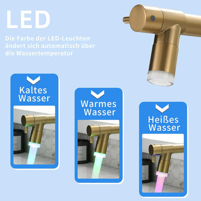 TIMACO LED Wasserhahn Küche Gebürstetes Gold mit Schloss Brause Ausziehbar - 360° Schwenkbare- Pull-