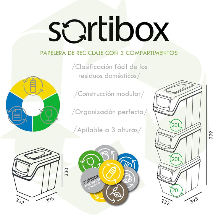 Prosperplast Sortibox Mülleimer Mülltrennsystem Abfalleimer Behälter 3x20L Grau Grau 3x20 Litros, Gr
