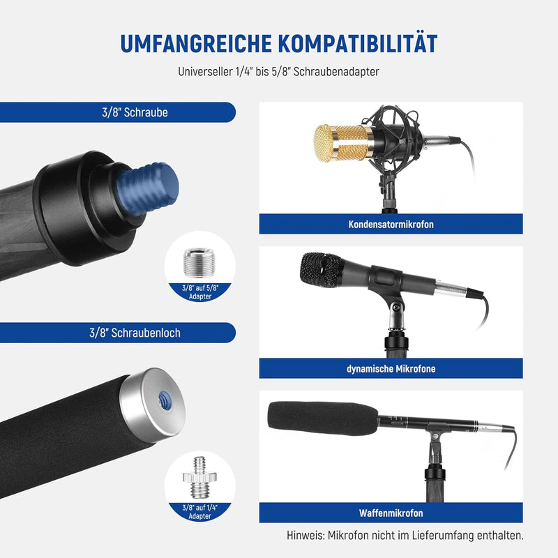 NEEWER Verbesserte Mikrofon Galgenstange, 300cm Teleskop Kohlefaser Mikrofonarm mit 5 Abschnitten, 1