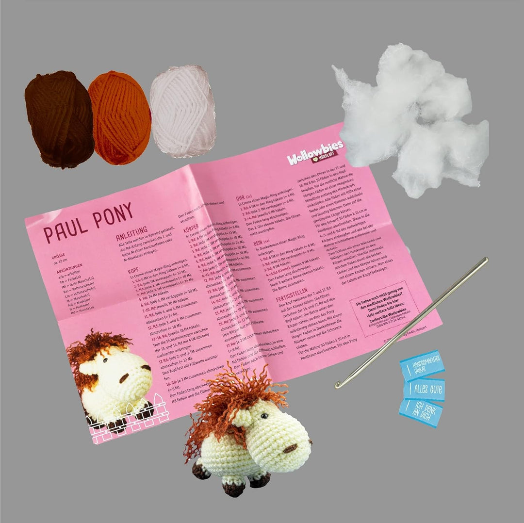 Wollowbies Häkelset Pony: Anleitung und Material für ein Pony zum Selber-Häkeln. Mit Holzknopf und S