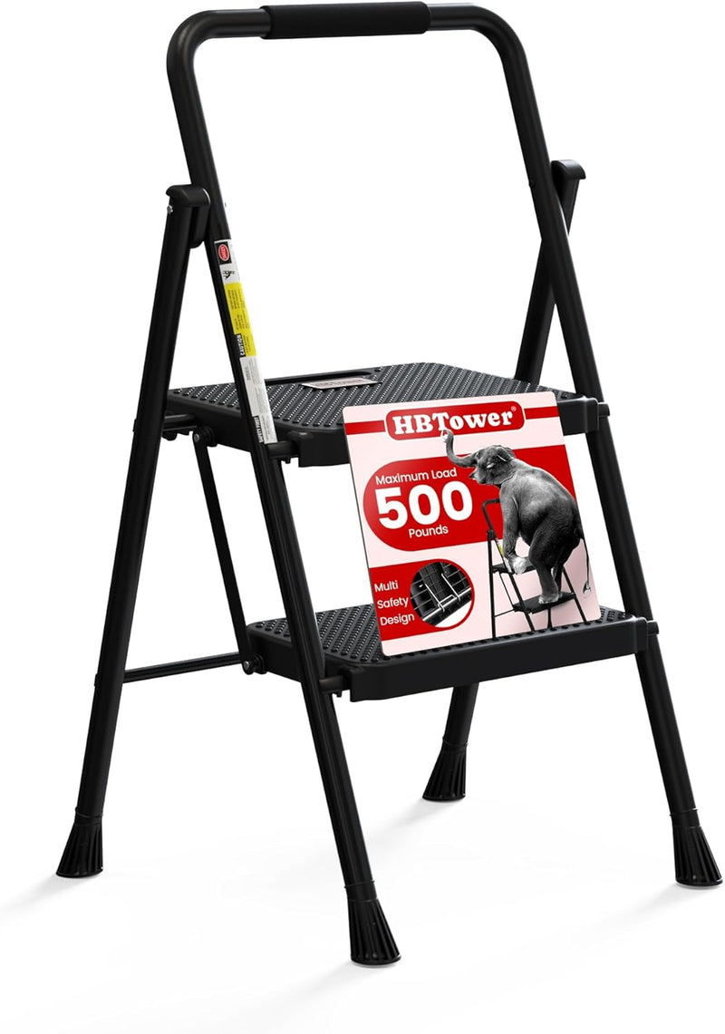 HBTower 2-Schritt-Leiter, Faltbarer Schritt-Hocker mit breitem Anti-Rutsch-Pedal, stabile Stahlleite