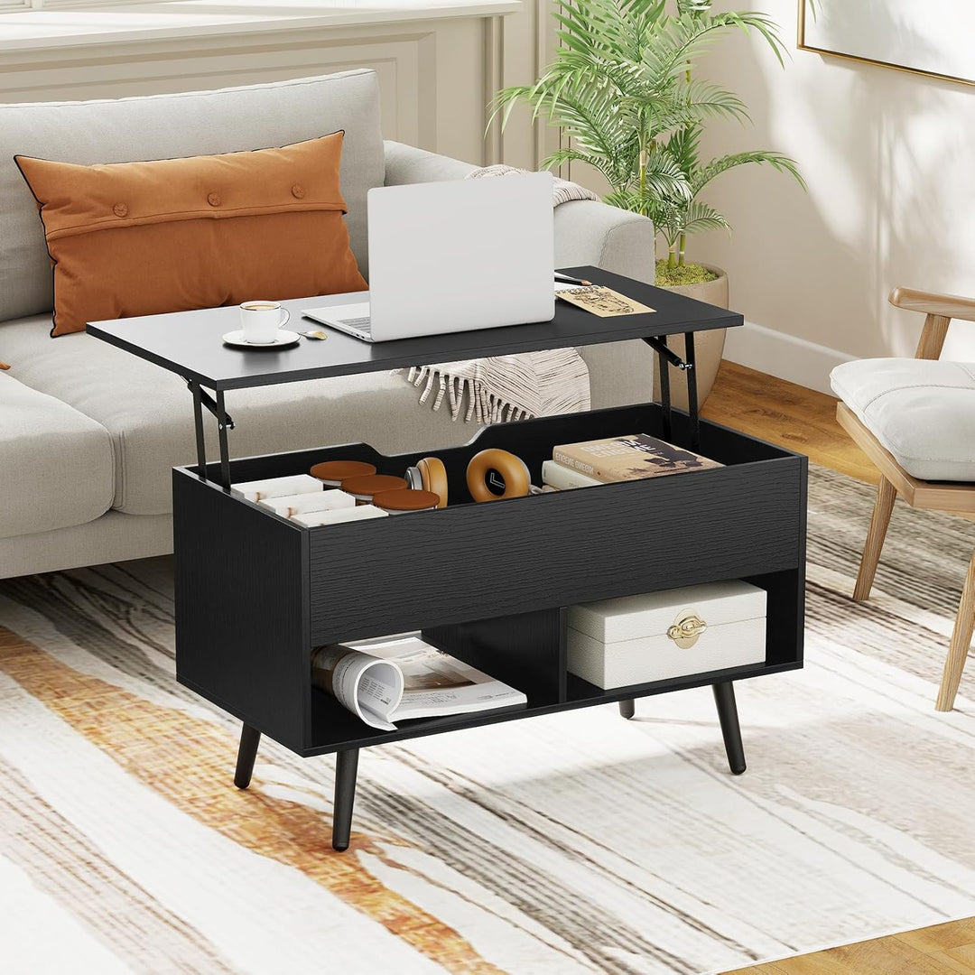 COSTWAY Couchtisch höhenverstellbar, Sofatisch mit anhebbarer Tischplatte & 2 offenen Regalen, auszi