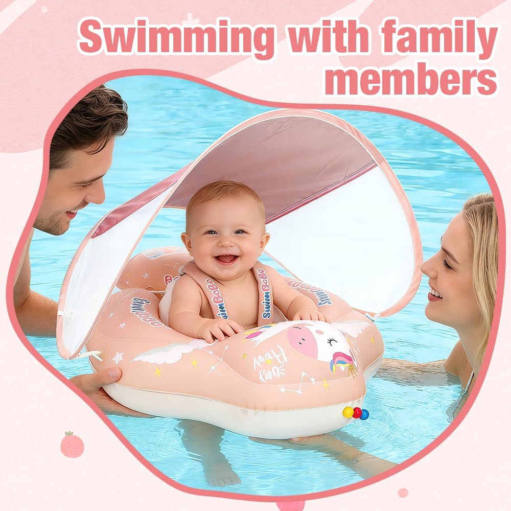 Baby Schwimmring mit Sonnendach Entfernbar, Baby Float, Rosa Baby Schwimmhilfe mit Schwimmsitz, Aufb