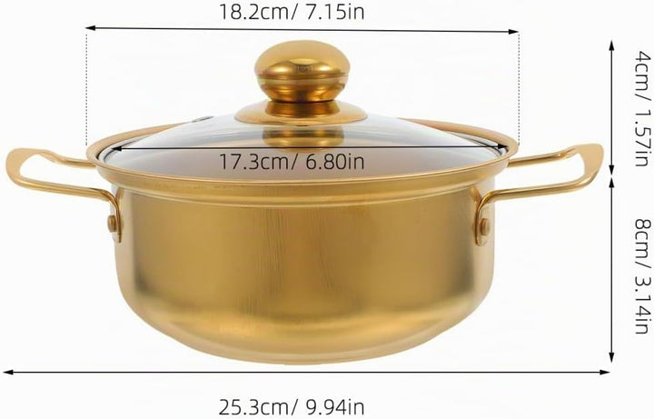 BESTYASH Induktionsgeeigneter Edelstahl Ramen Topf Mit Glasdeckel Goldene Kleine Kochpfanne Doppelte