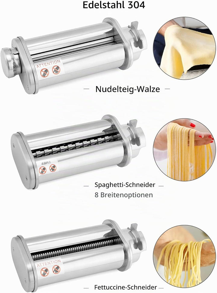 QWORK® 3er Set Nudelblattroller Spaghettischneider Fettuccineschneider, Nudelaufsatz aus SUS304 Edel