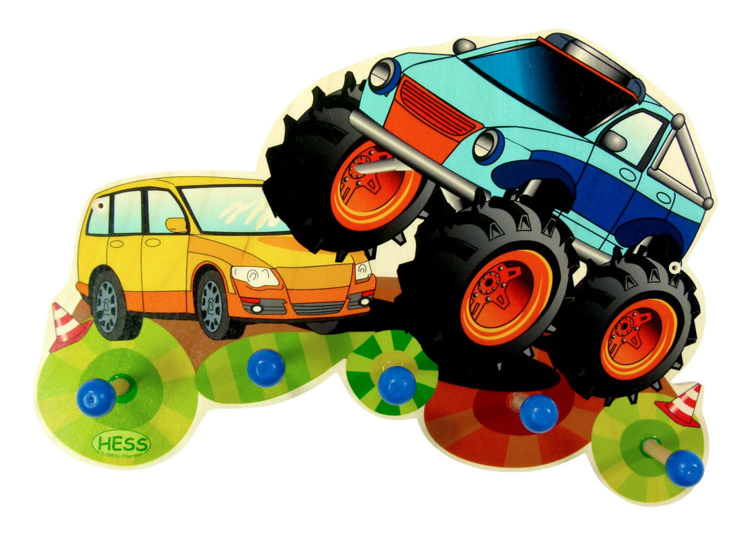 Hess Holzspielzeug 30297 - Garderobe aus Holz, Serie Monstertruck, mit 5 Haken, für Kinder, ca. 37 x