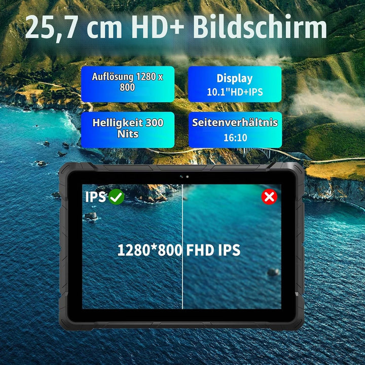 IP67 Rugged Tablet, Intel N150 (bis 3,6 GHz), 8GB LPDDR5 RAM 128GB ROM, 10.1 Zoll HD-Display, Window