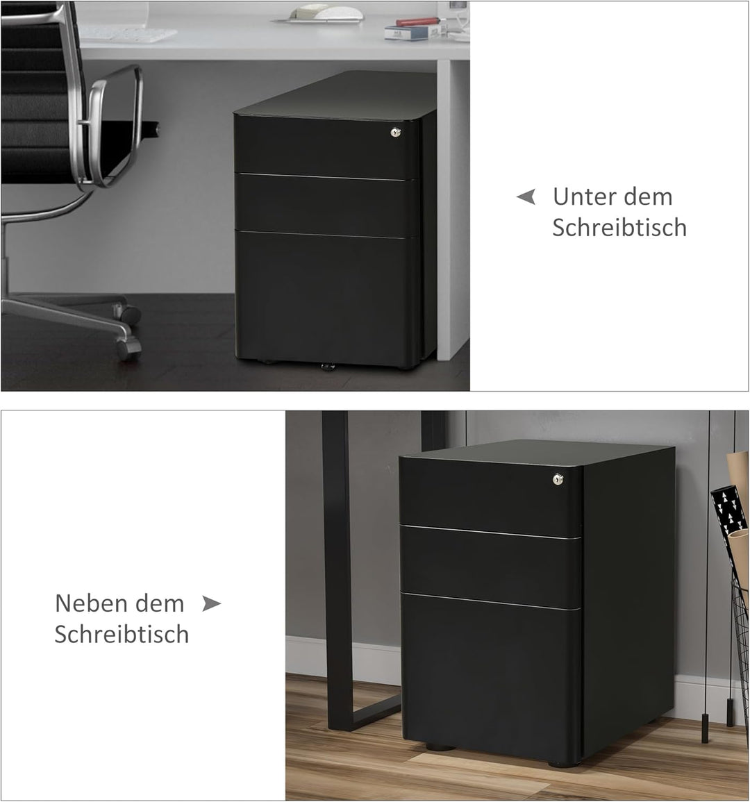 Vinsetto Rollcontainer, mobiler Aktenschrank mit 3 Schubladen, Büroschrank, Aufbewahrung, Stahl, Sch