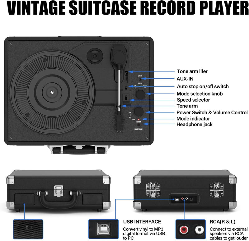 DIGITNOW! Belt-Drive 3 Gang Portable Stereo Turntable with Built-in Speakers, Supports RCA Output/3.