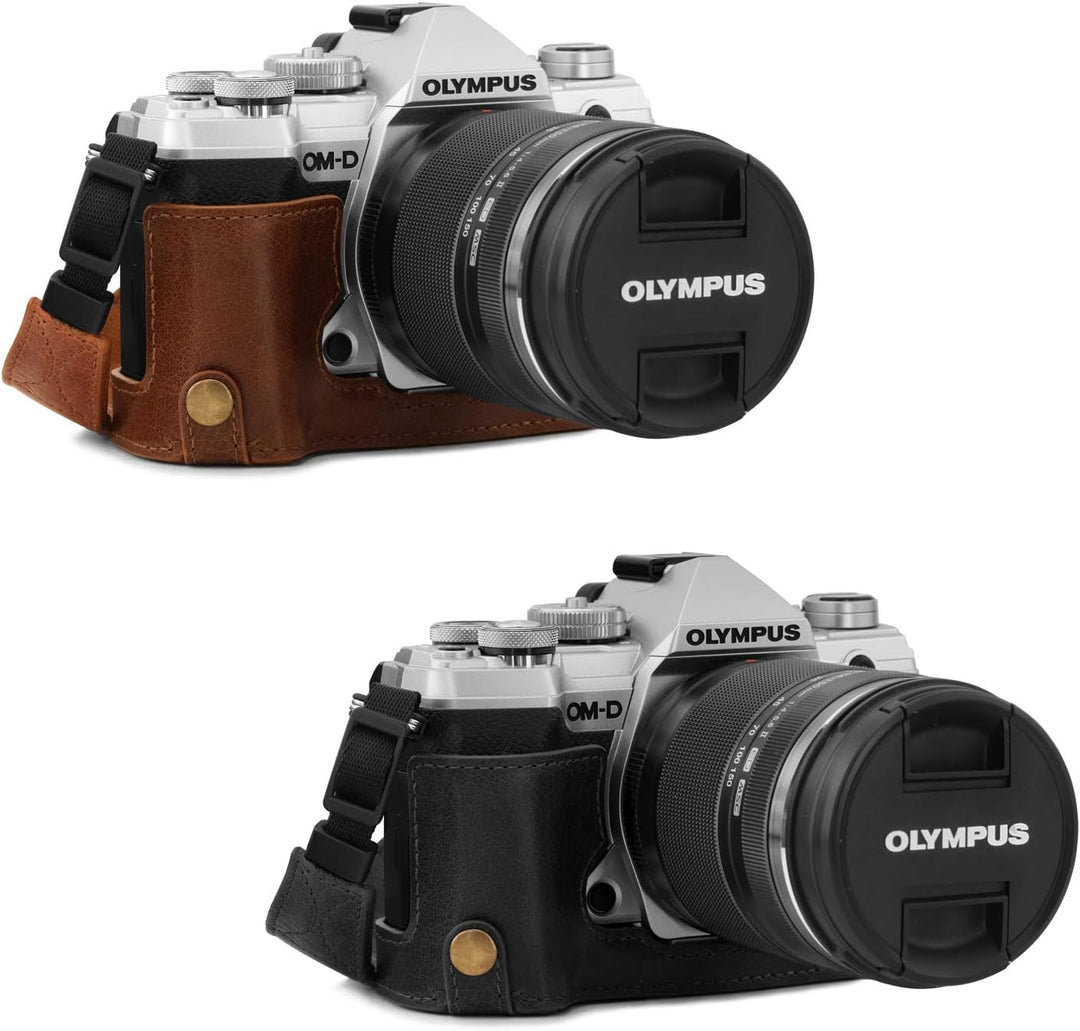 MegaGear MG1865 Ever Ready Kameratasche für Olympus OM-D E-M5 Mark III, Echtleder, Braun, Braun