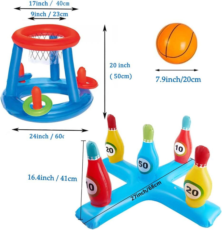 LAMOOER Aufblasbares Pool-Basketball-Spielzeug, Bowling-Kreuz-Wurf-Set, schwimmender Schwimmring und