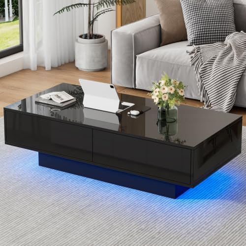 Merax Moderner Schwarzer Hochglanz-Couchtisch mit LED-Beleuchtung und 2 Schubladen – 115x55x34 cm, K