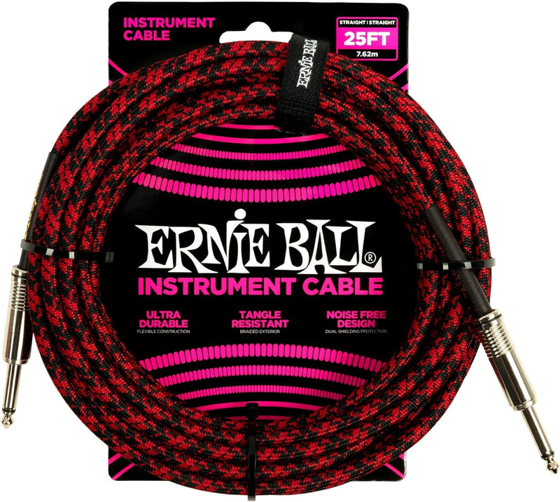 Ernie Ball Geflochtenes Instrumentenkabel gerade/gerade 7,62 m (25 ft) - Rot/Schwarz Rot/schwarz 7,6