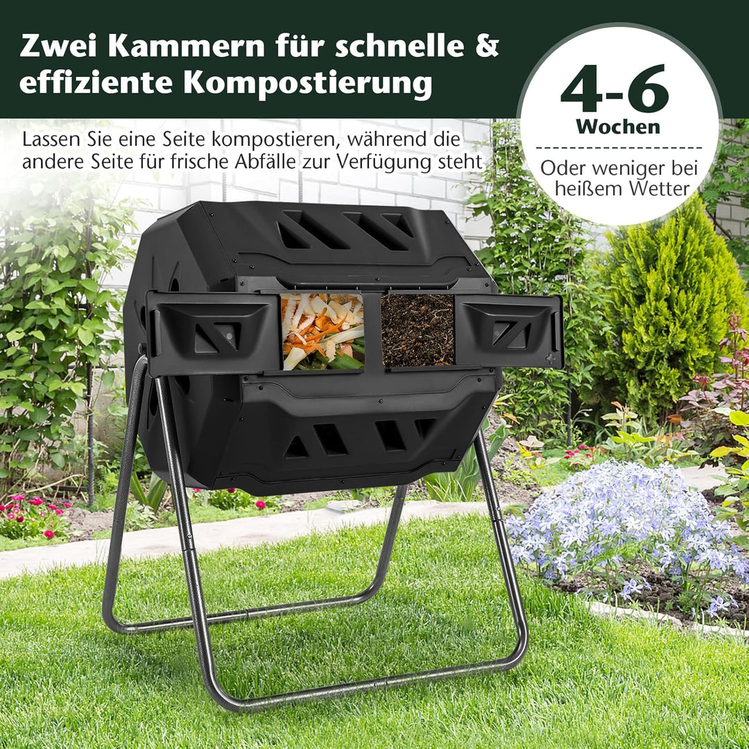 RELAX4LIFE 160L Komposter Garten, Schnellkomposter mit 2 Kammern, 16 Lüftungsschlitzen & Schiebetüre
