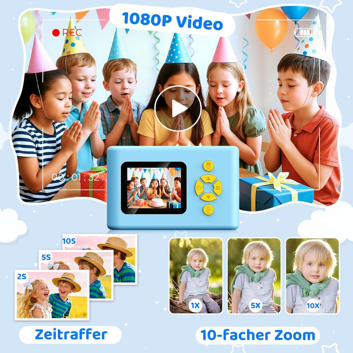Kinderkamera Sofortbildkamera, 20MP 1080P Digitalkamera mit 2,4-Zoll-Display, 3 Rollen Farbfotopapie
