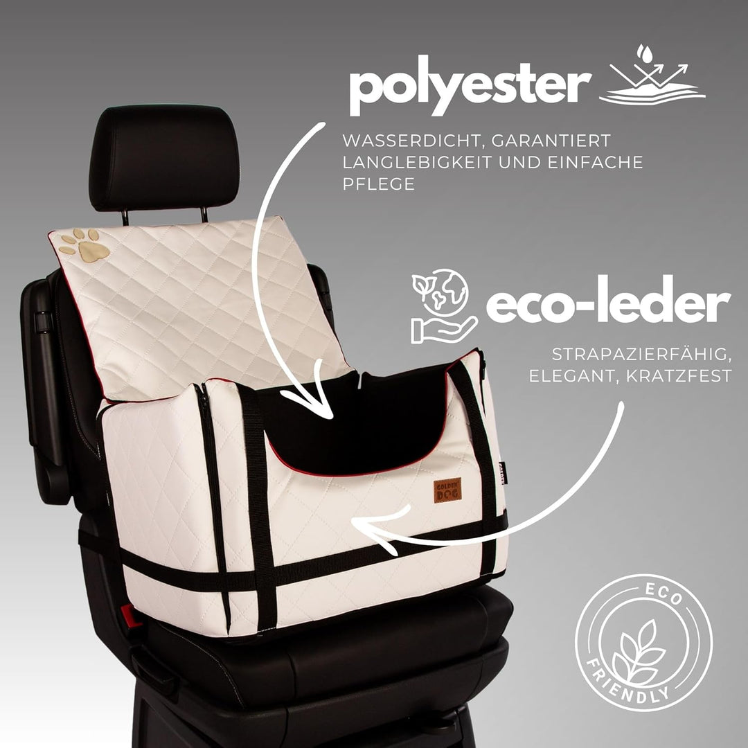 Golden Dog - Transportbox Hund mit Sicherheitsgurt M-52x44x33 cm - Leder Imitation Autositz Hund, Wa