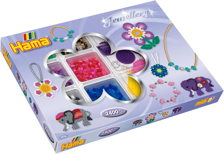 Hama Perlen 3716 Kreativbox Schmuck mit ca. 2.400 bunten Midi Bügelperlen mit Durchmesser 5 mm, 3 St