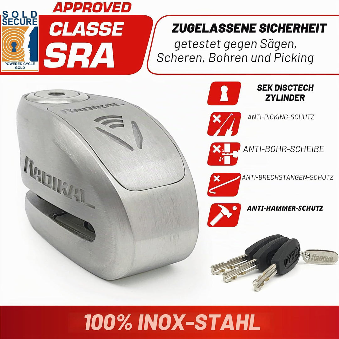 Radikal RK910S Motorrad Bremsscheibenschloss mit Alarm 120 dB, mit CLASE SRA Zulassung, Doppelverrie
