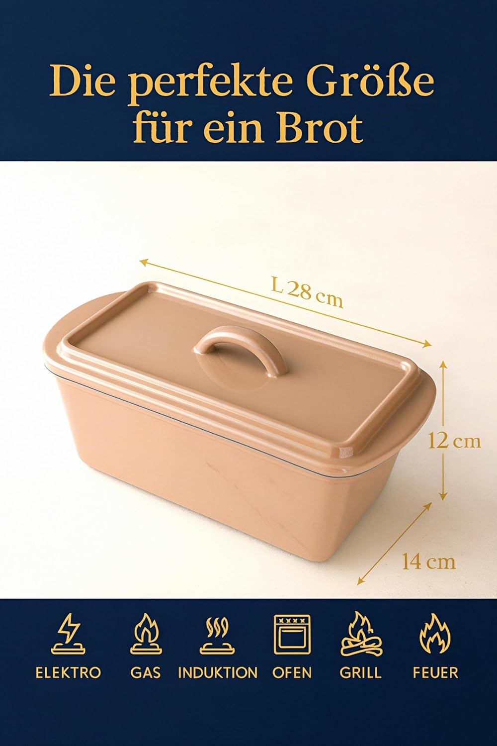Brotbackform mit Deckel Gusseisen 3L – 28cm – Rechteckiger Bräter für Kastenbrot & Sauerteig – Email
