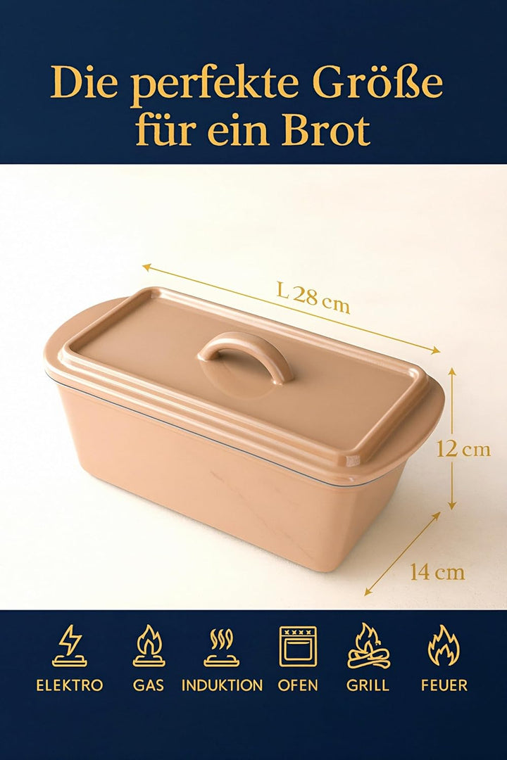 Brotbackform mit Deckel Gusseisen 3L – 28cm – Rechteckiger Bräter für Kastenbrot & Sauerteig – Email