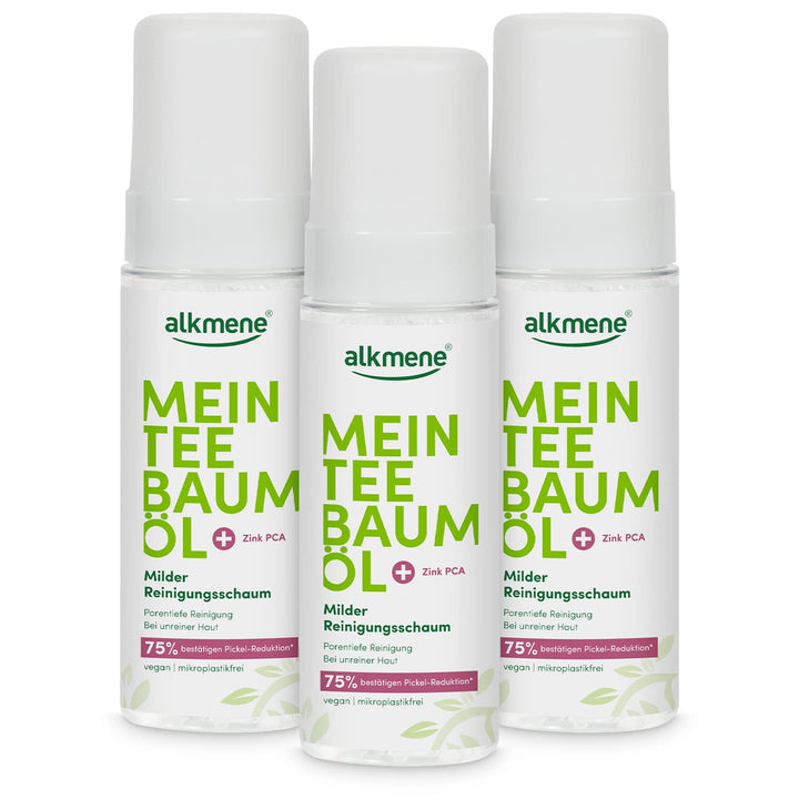 alkmene Mein Teebaumöl Reinigungsschaum Gesicht 3x 150 ml Pickel Reduktion 75% bestätigt - naturrein