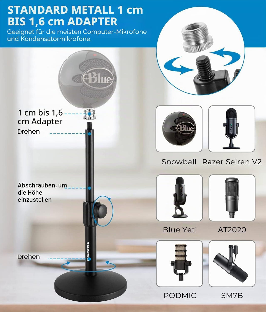 BILIONE Verbesserter Desktop-Mikrofonständer, verstellbarer Mikrofonständer mit Pop-Filter, Stosshal