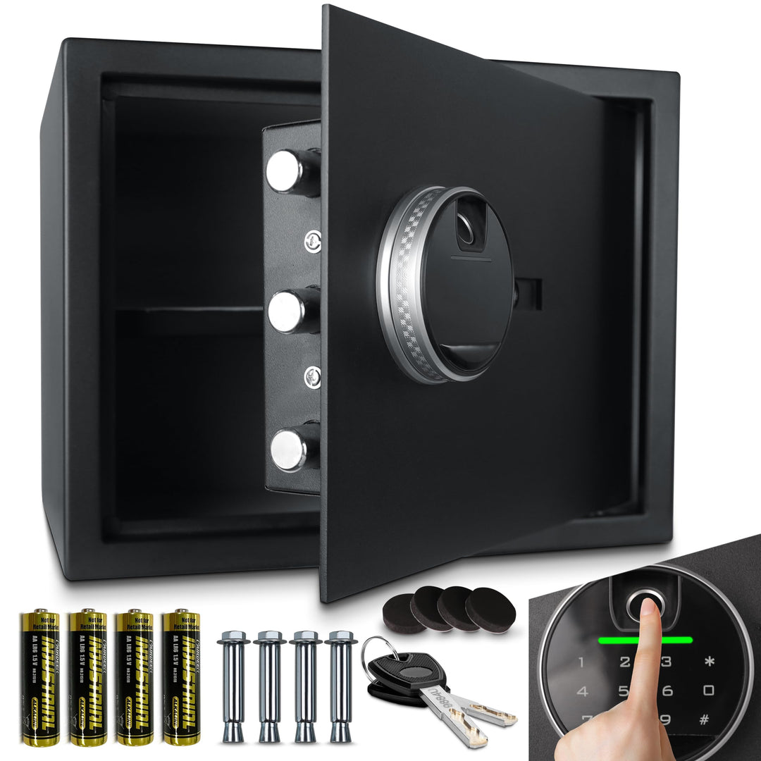 ONBEST elektr. Tresor, Safe mit Fingerabdruck, Zahlencode & Schlüssel – Safe aus Stahl mit 3 Schlies