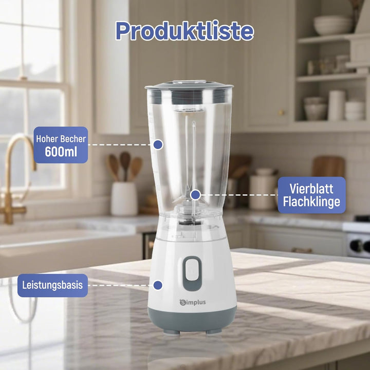 SIMPLUS Standmixer 600 ml, kompakter Smoothie Mixer mit 23000 U/min, 250W Küchenmixer mit 4-fach Ede