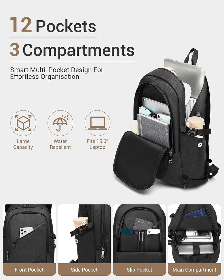 Kono Laptop-Rucksack Diebstahlsicherung Reisen Geschäft Arbeiten Computer Schwarz, Schwarz