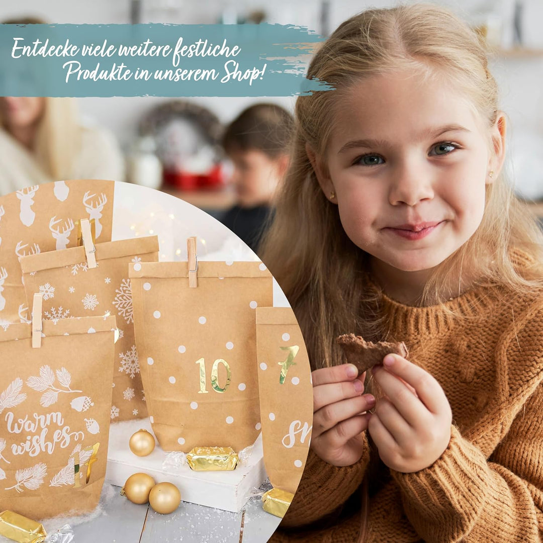 Papierdrachen Adventskalender 2025 zum Befüllen - 24 bedruckte Papiertüten mit Zahlenaufklebern & Kl