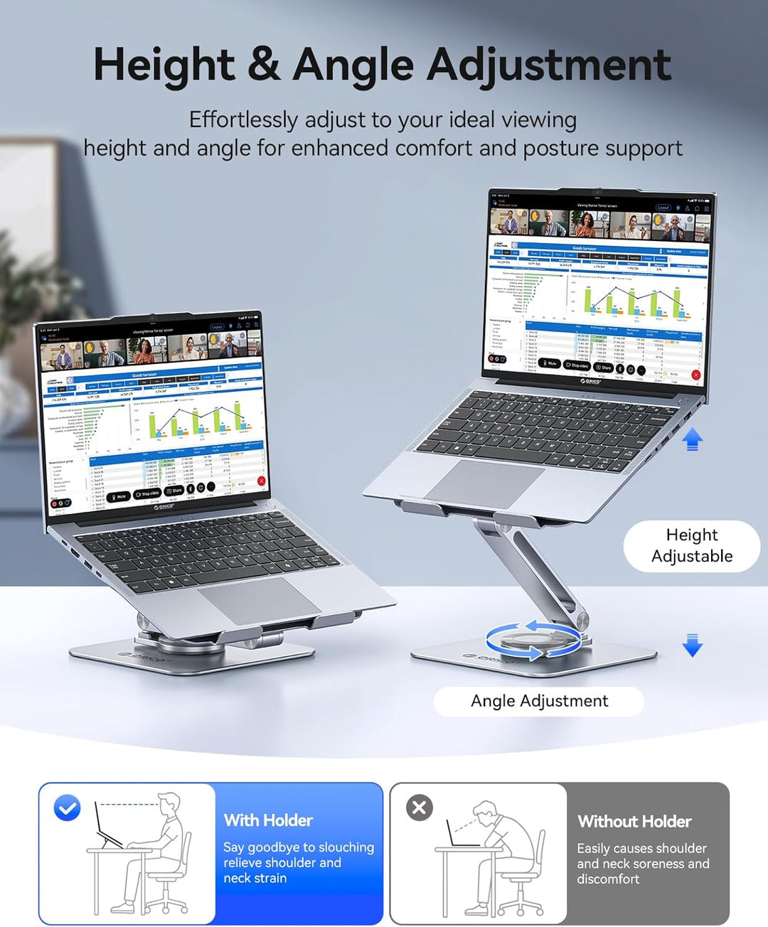 ORICO Laptop Ständer Höhenverstellbar mit 360° Drehsockel, Faltbarer Ergonomischer Notebook Ständer