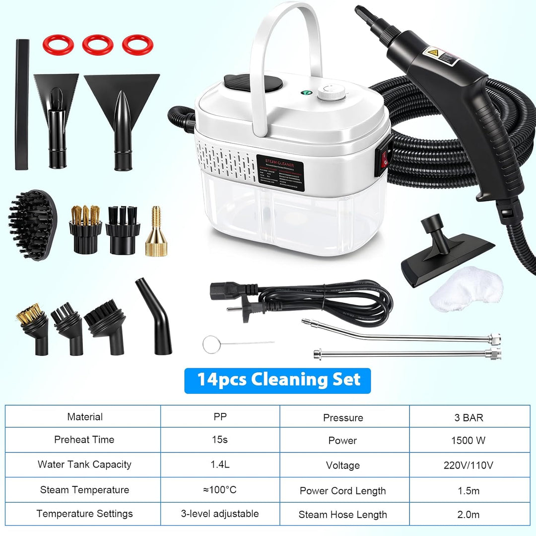 Dampfreiniger Handgerät mit 14 Zubehör, 1500W Mehrzweck Steam Cleaner, Dampfdruck 3Bar, Aufheizzeit