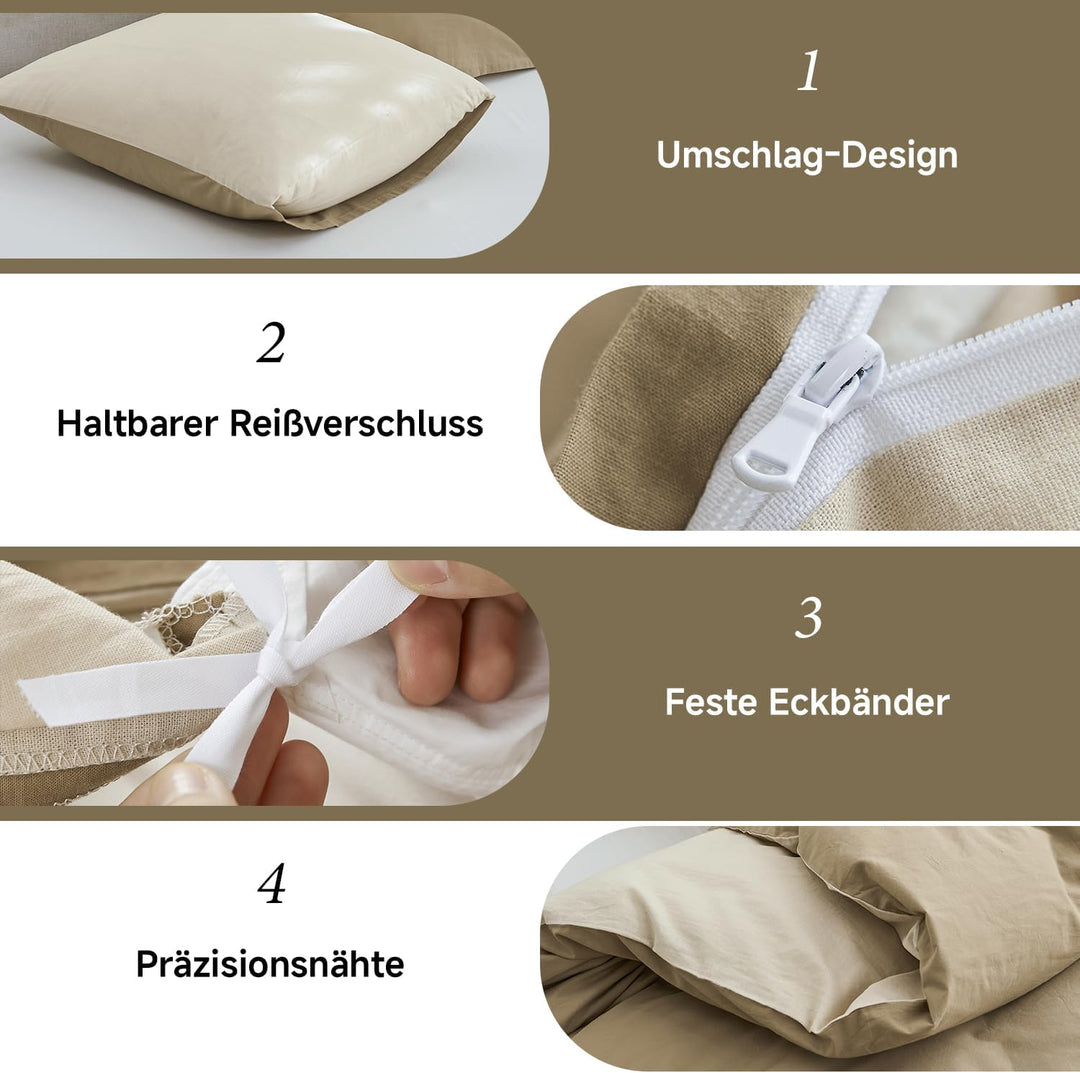 Simple&Opulence Bettwäsche 135x200 Leinen und Baumwolle, Bettwäsche-Sets Leinen Khaki 3 Teilig mit R