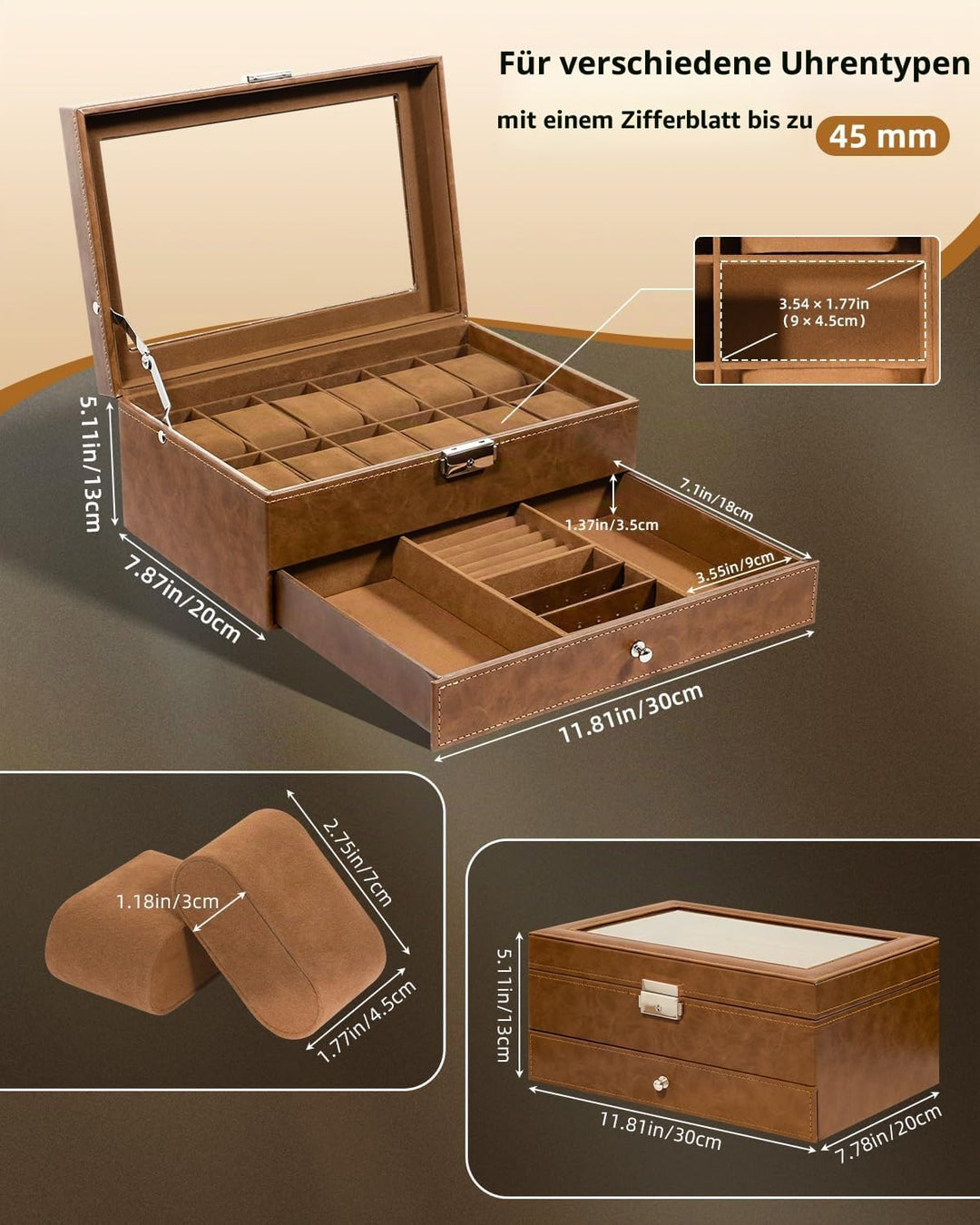 Uten Uhrenbox, 12 Fächern und 1 Schublade mit Schlüsselschloss, Glasdeckel, Braunes PU, Braunes Samt