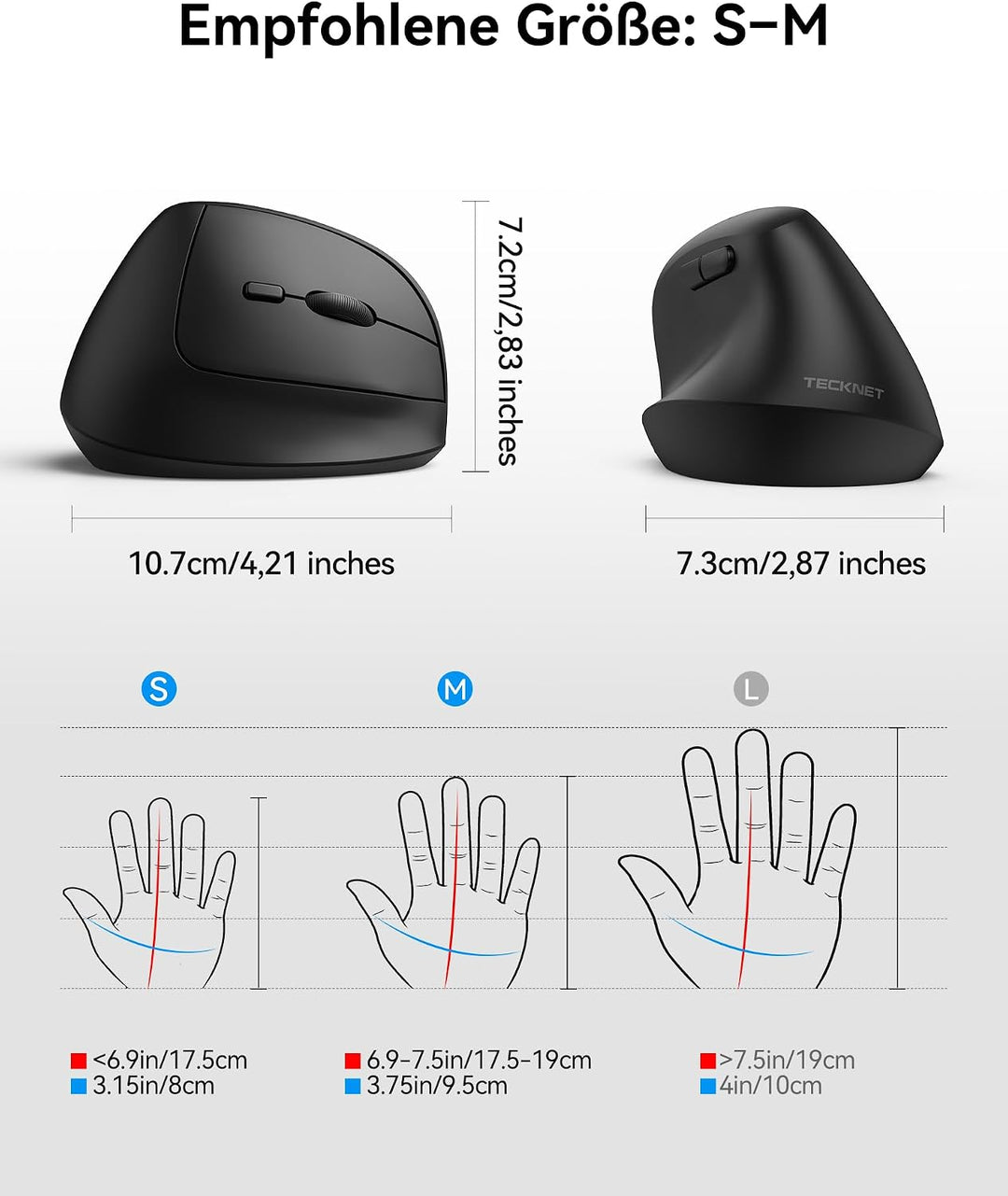 TECKNET Vertikale Ergonomische Maus Wiederaufladbare | 6 Einstellstufen bis zu 4800 DPI, 2.4G + BT (