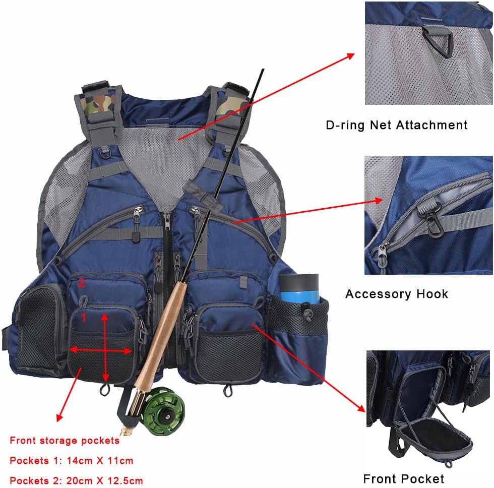 Kylebooker Fliegenfischen Weste Angelweste Einstellbare Grösse Maschen Multi-Taschen Jacke Einheitsg