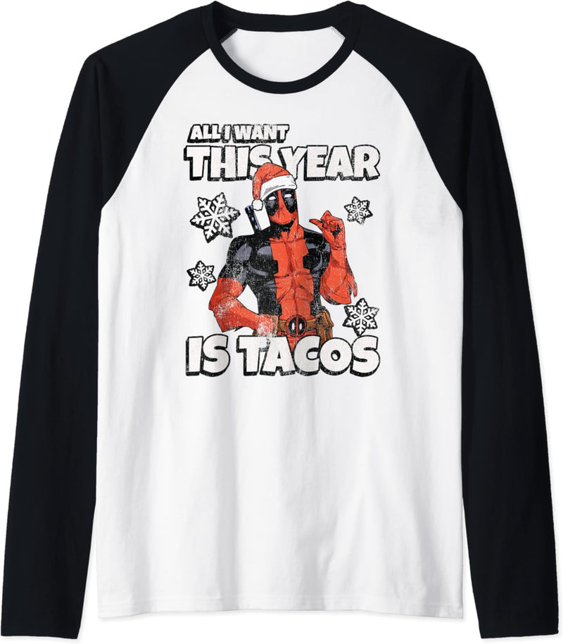 Marvel Deadpool Holiday All I Want Is Tacos Raglan